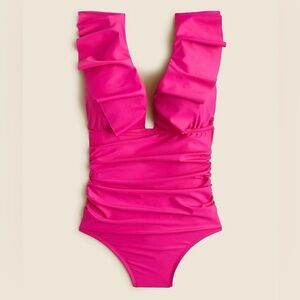 NWT J. Crew Flamingo Pink Ruffle Plunge Lined Ruched Side Padded Cup Swimsuit